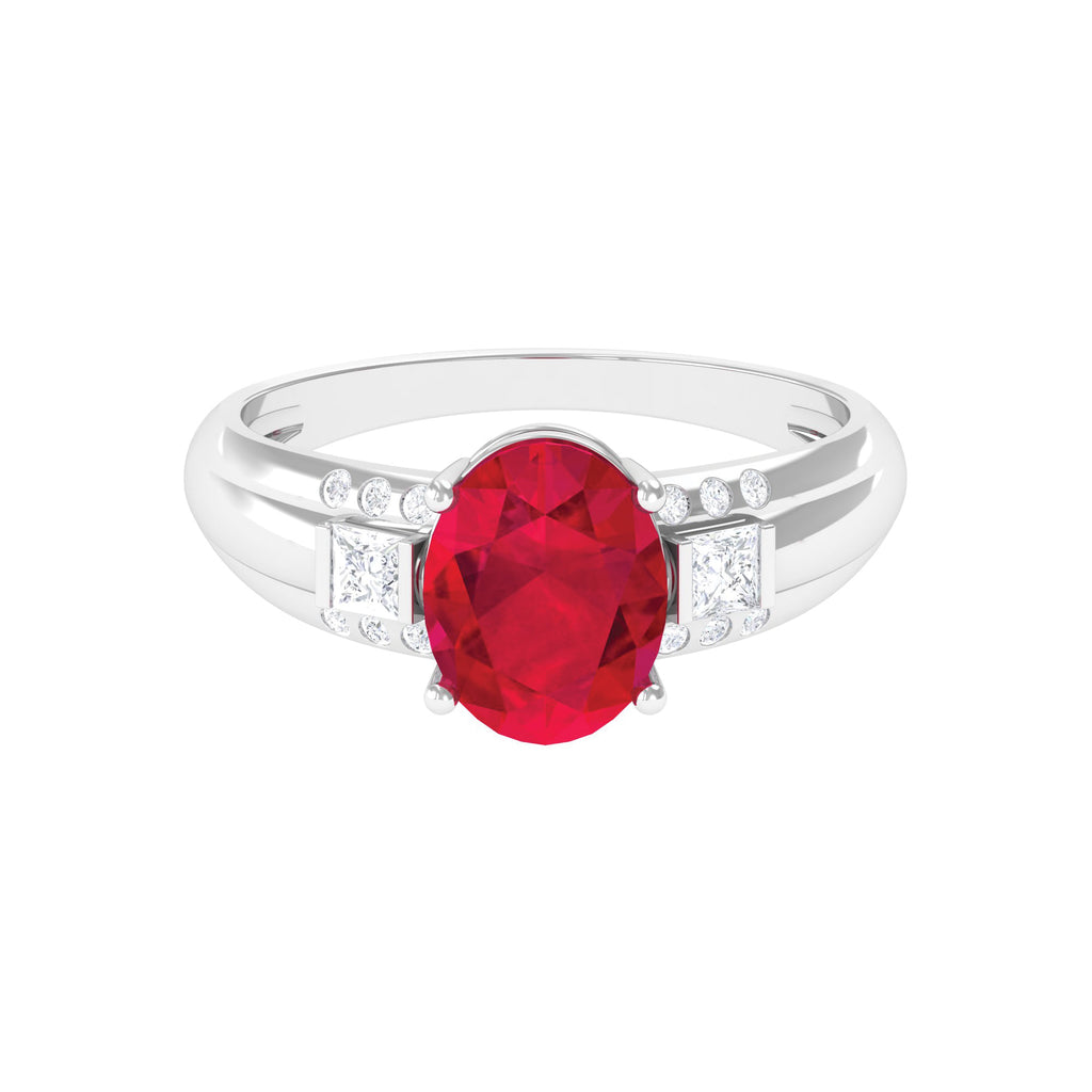 Oval Lab Grown Ruby Solitaire Statement Engagement Ring with Diamond Lab Created Ruby - ( AAAA ) - Quality - Rosec Jewels