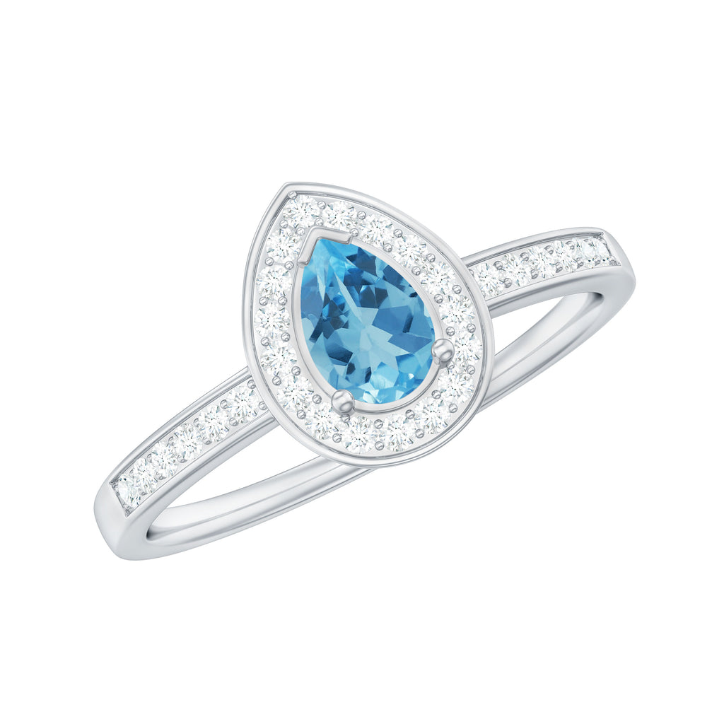 Classic Sky Blue Topaz Engagement Ring with Diamond Halo Sky Blue Topaz - ( AAA ) - Quality - Rosec Jewels