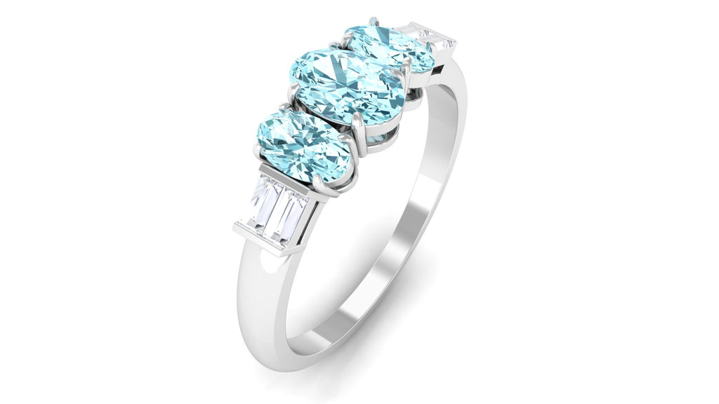 Oval Cut Aquamarine Three Stone Ring with Diamond Aquamarine - ( AAA ) - Quality - Rosec Jewels