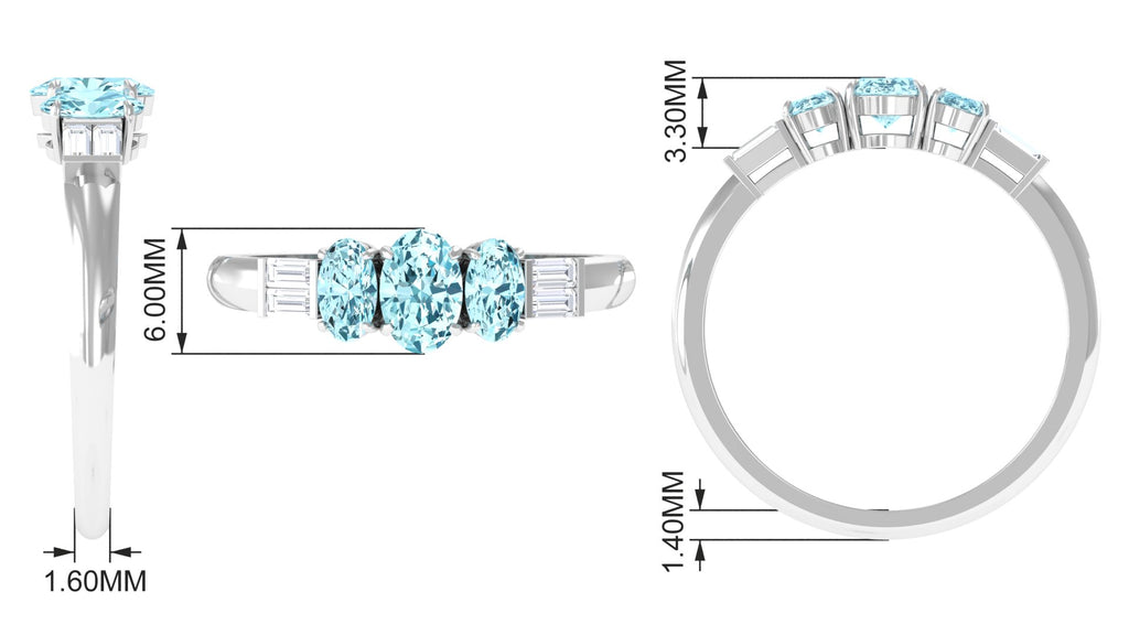 Oval Cut Aquamarine Three Stone Ring with Diamond Aquamarine - ( AAA ) - Quality - Rosec Jewels