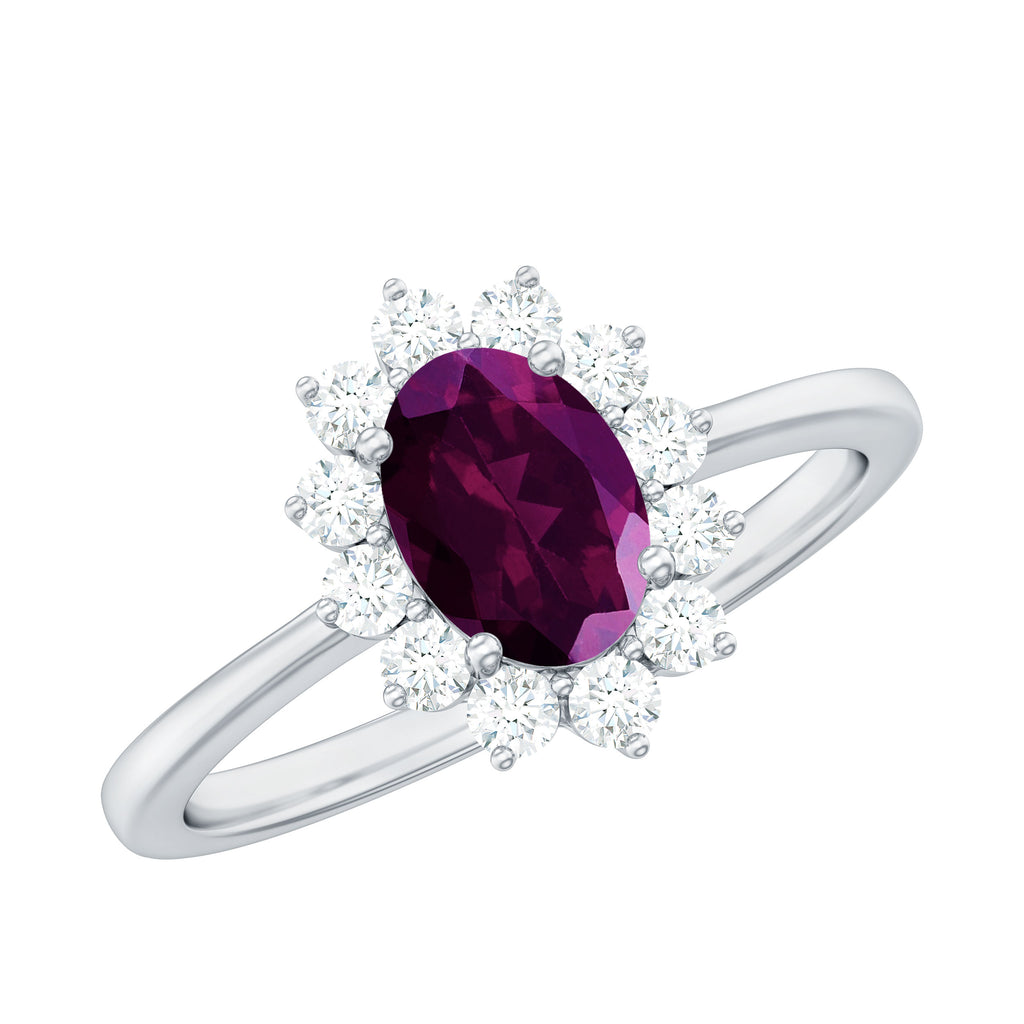 1.50 CT Princess Diana Inspired Oval Shape Rhodolite Engagement Ring Diamond Halo Rhodolite - ( AAA ) - Quality - Rosec Jewels