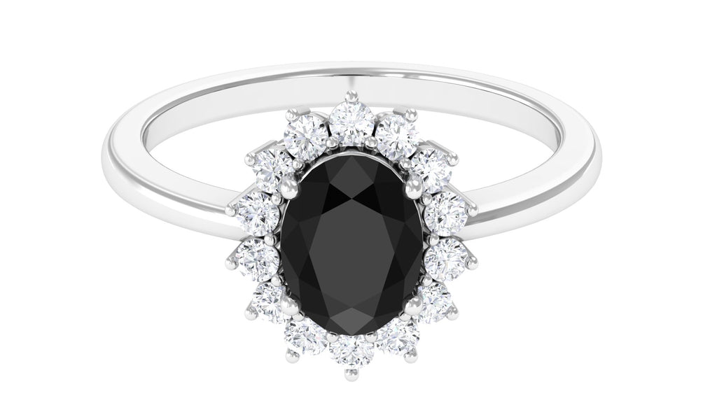 1 CT Princess Diana Inspired Oval Shape Black Spinel Engagement Ring Diamond Halo Black Spinel - ( AAA ) - Quality - Rosec Jewels
