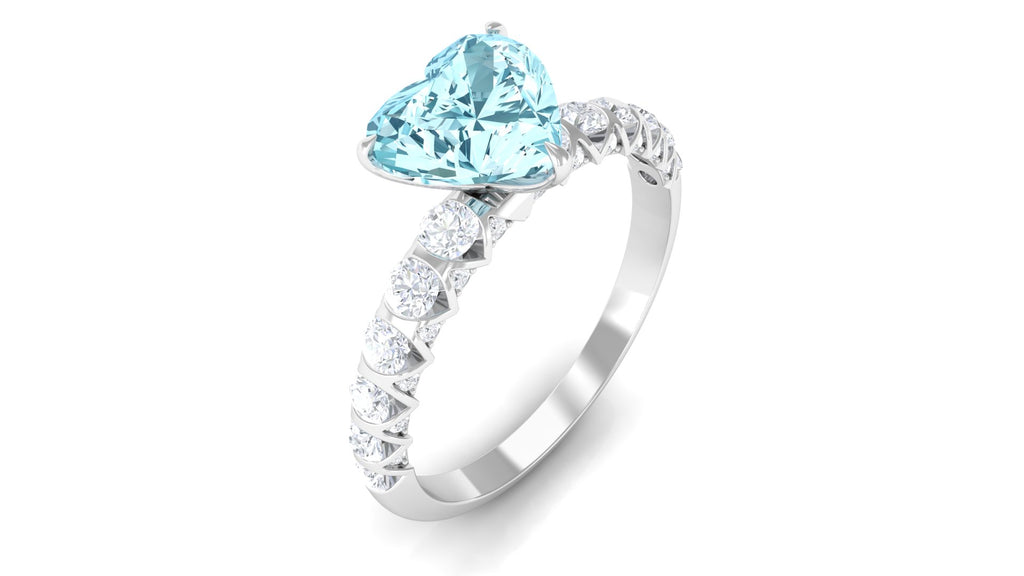 1 CT Claw Set Heart Shape Aquamarine and Diamond Engagement Ring Aquamarine - ( AAA ) - Quality - Rosec Jewels