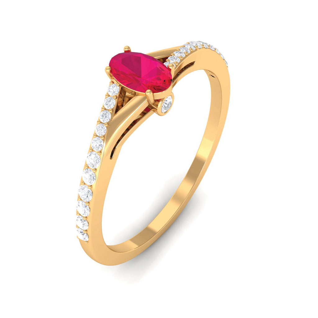 Split Shank Oval Ruby Engagement Ring with Diamond Ruby - ( AAA ) - Quality - Rosec Jewels