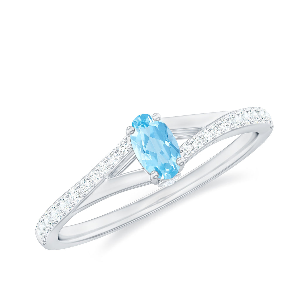 Oval Cut Aquamarine Solitaire Simple Ring with Diamond Aquamarine - ( AAA ) - Quality - Rosec Jewels