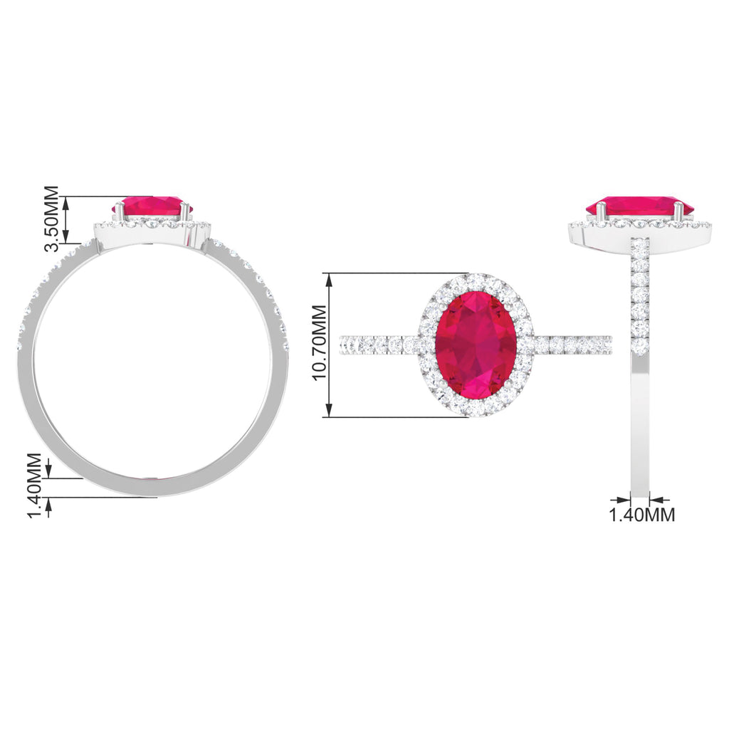 Oval Ruby Engagement Ring with Diamond Halo and Side Stones Ruby - ( AAA ) - Quality - Rosec Jewels