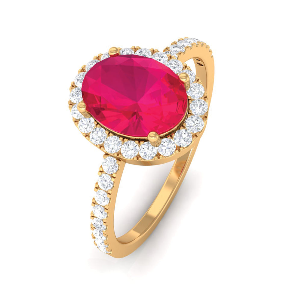 Oval Ruby Engagement Ring with Diamond Halo and Side Stones Ruby - ( AAA ) - Quality - Rosec Jewels