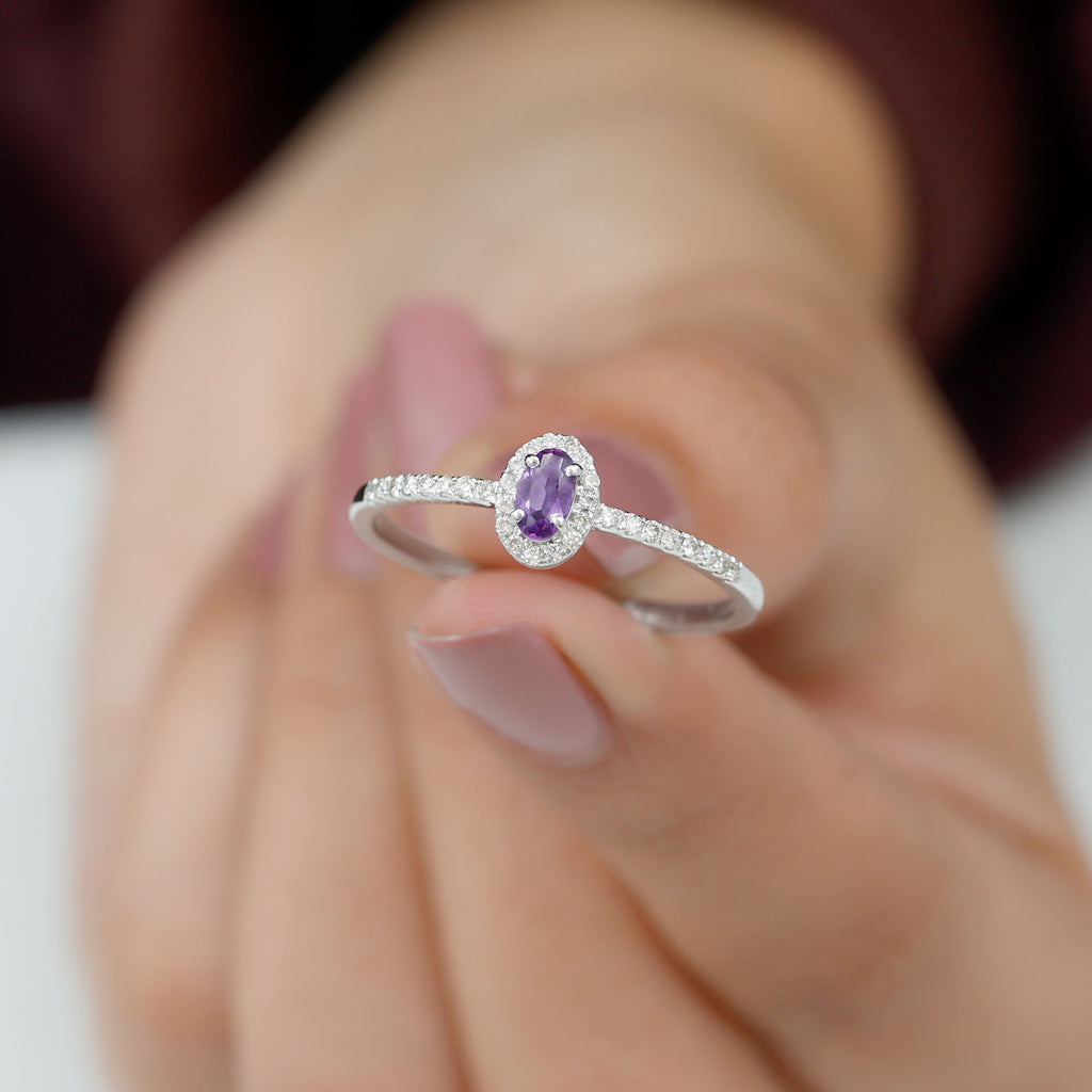 1/2 CT Oval Cut Amethyst Classic Engagement Ring with Diamond Halo Amethyst - ( AAA ) - Quality - Rosec Jewels