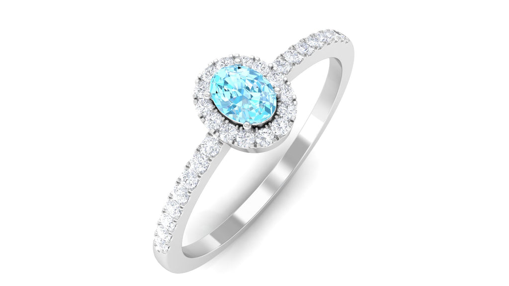 Oval Cut Aquamarine Diamond Halo Ring Aquamarine - ( AAA ) - Quality - Rosec Jewels