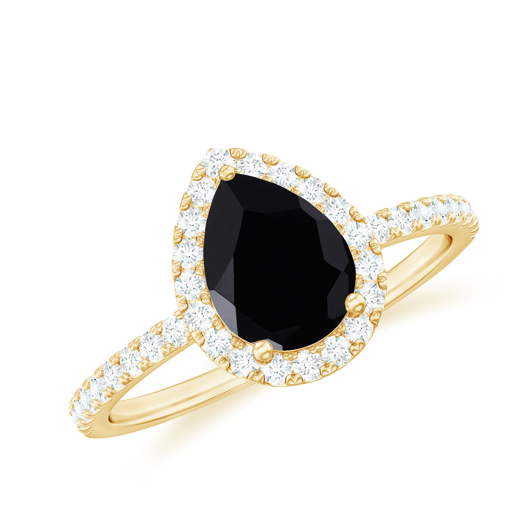 1 CT Teardrop Created Black Diamond Halo Engagement Ring with Diamond Lab Created Black Diamond - ( AAAA ) - Quality - Rosec Jewels