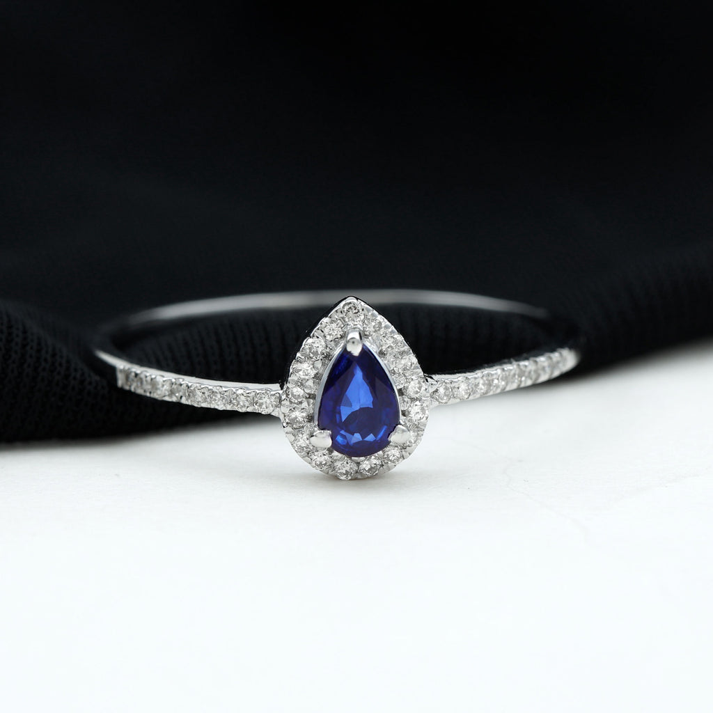 3/4 CT Pear Cut Blue Sapphire Engagement Ring with Diamond Halo Blue Sapphire - ( AAA ) - Quality - Rosec Jewels