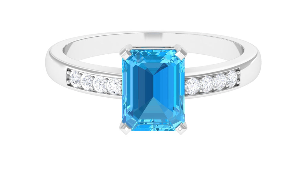 Emerald Cut Swiss Blue Topaz Solitaire Engagement Ring with Diamond Side Stones Swiss Blue Topaz - ( AAA ) - Quality - Rosec Jewels