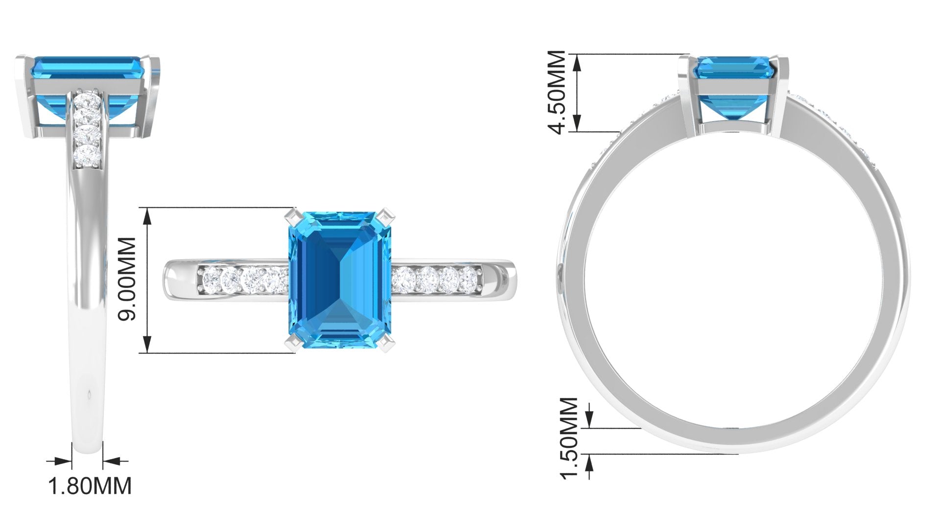 Emerald Cut Swiss Blue Topaz Solitaire Engagement Ring with Diamond Side Stones Swiss Blue Topaz - ( AAA ) - Quality - Rosec Jewels