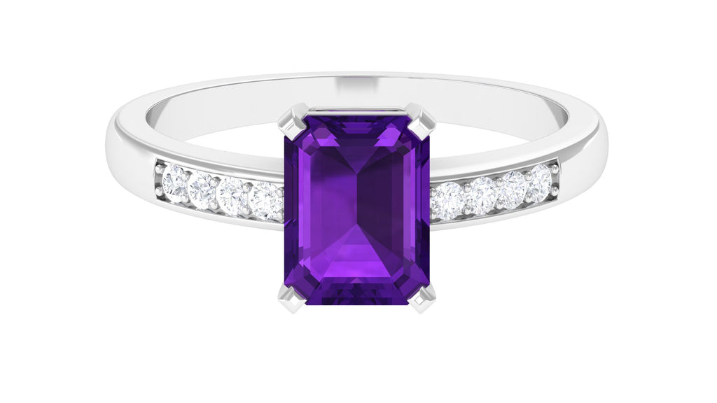 Octagon Cut Amethyst Solitaire Engagement Ring with Diamond Side Stones Amethyst - ( AAA ) - Quality - Rosec Jewels