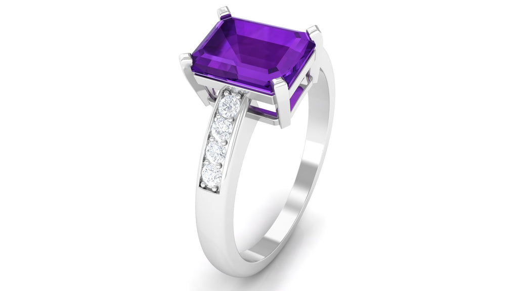 Octagon Cut Amethyst Solitaire Engagement Ring with Diamond Side Stones Amethyst - ( AAA ) - Quality - Rosec Jewels