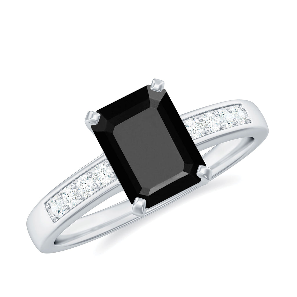 Octagon Cut Black Onyx Solitaire Engagement Ring with Diamond Side Stones Black Onyx - ( AAA ) - Quality - Rosec Jewels