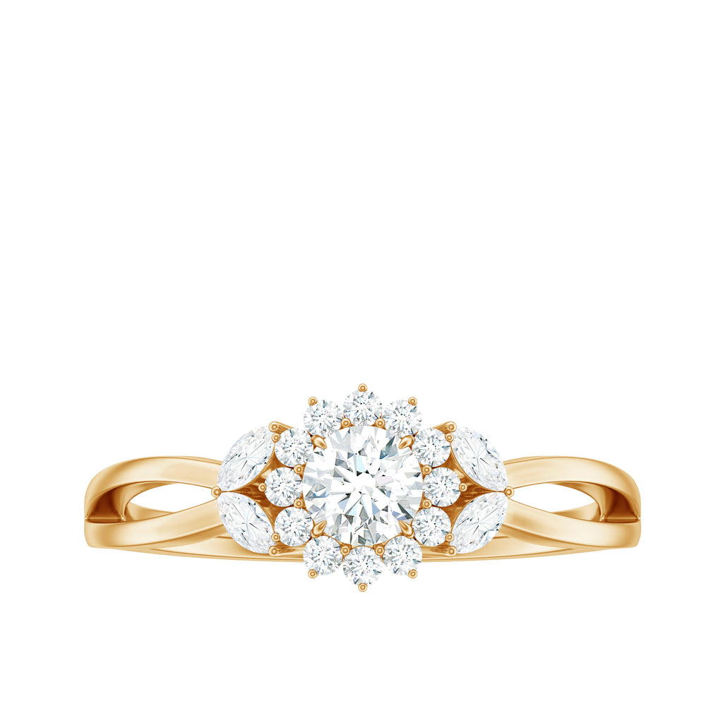 Moissanite Flower Engagement Ring with Split Shank Moissanite - ( D-VS1 ) - Color and Clarity - Rosec Jewels