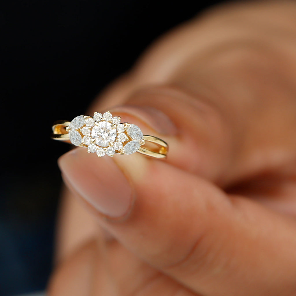 Moissanite Flower Engagement Ring with Split Shank Moissanite - ( D-VS1 ) - Color and Clarity - Rosec Jewels