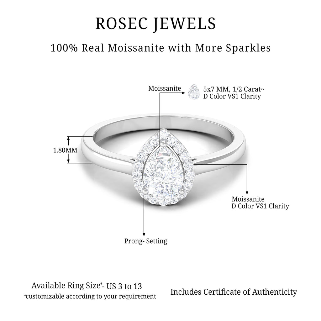 1 CT Pear and Round Cut Moissanite Halo Engagement Ring Moissanite - ( D-VS1 ) - Color and Clarity - Rosec Jewels