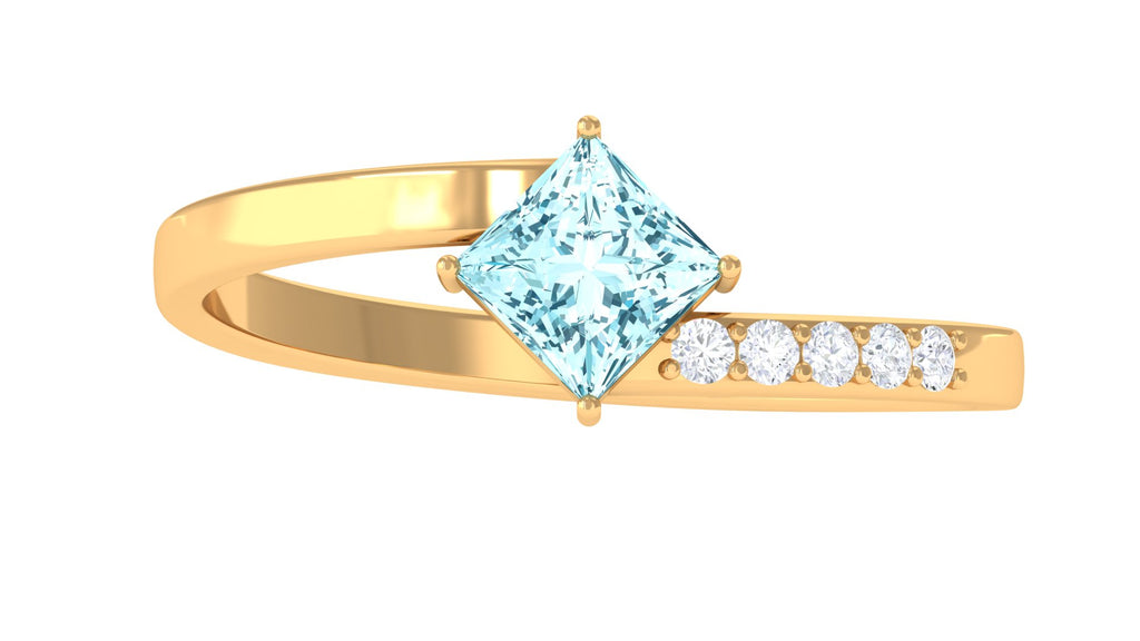 Princess Cut Aquamarine Bypass Solitaire Ring with Diamond Aquamarine - ( AAA ) - Quality - Rosec Jewels
