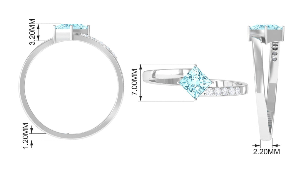 Princess Cut Aquamarine Bypass Solitaire Ring with Diamond Aquamarine - ( AAA ) - Quality - Rosec Jewels