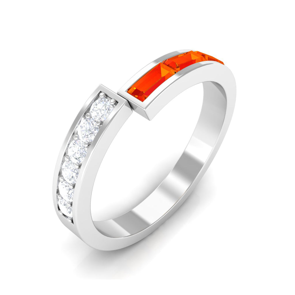 Baguette Cut Orange Sapphire and Diamond Designer Band Ring Orange Sapphire - ( AAA ) - Quality - Rosec Jewels