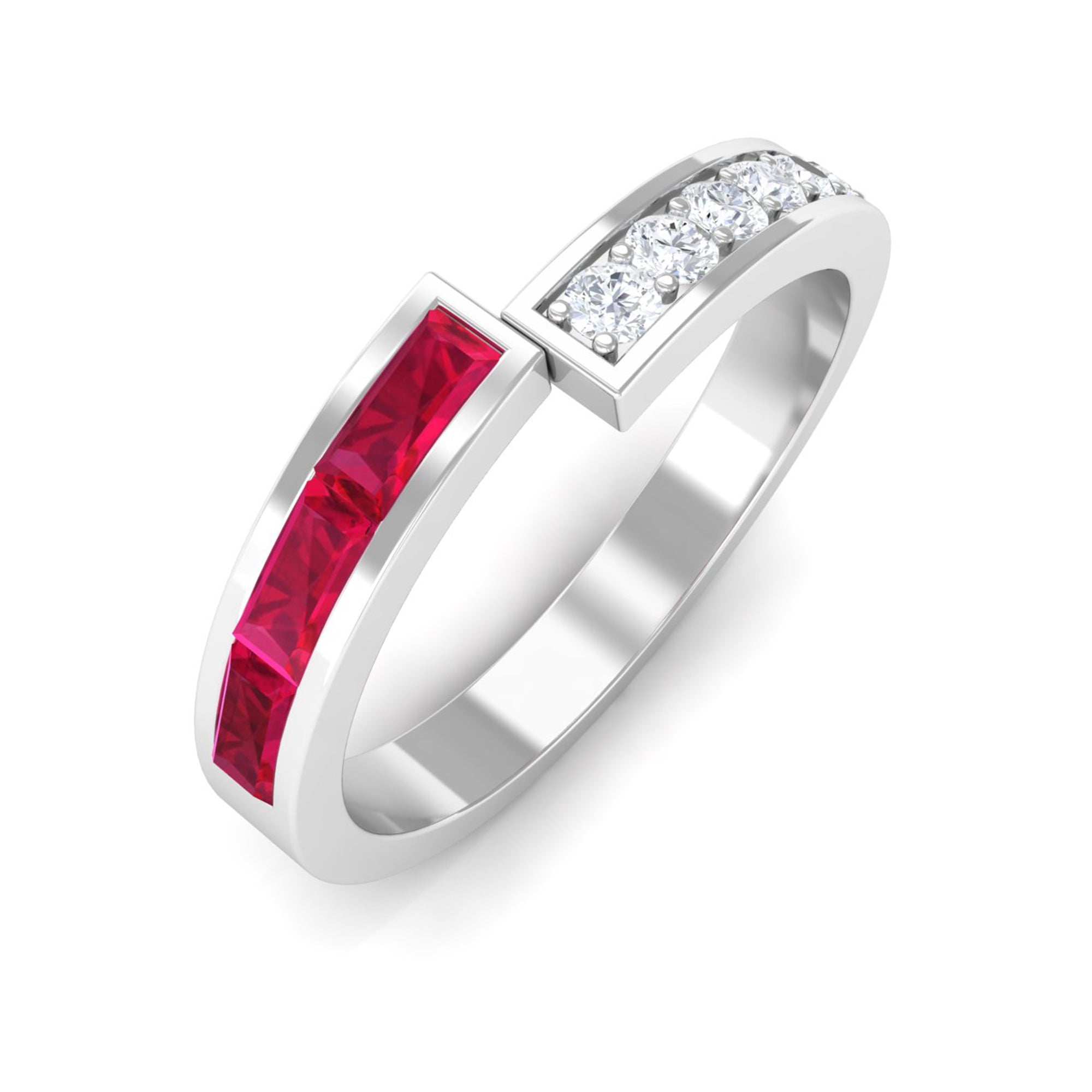 Baguette Cut Created Ruby and Diamond Designer Band Ring Lab Created Ruby - ( AAAA ) - Quality - Rosec Jewels