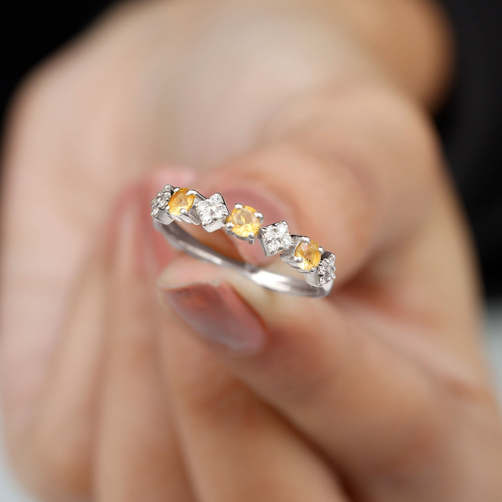 Natural Citrine and Diamond Half Eternity Band Ring in Gold Citrine - ( AAA ) - Quality - Rosec Jewels