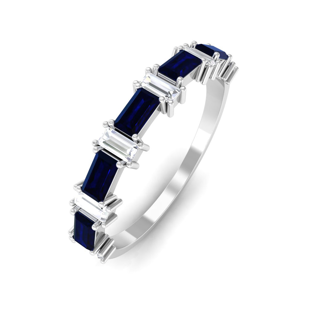 Baguette Cut Created Blue Sapphire and Diamond Half Eternity Ring - Rosec Jewels