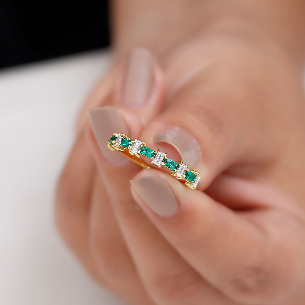 Baguette Cut Created Emerald and Diamond Half Eternity Ring Lab Created Emerald - ( AAAA ) - Quality - Rosec Jewels