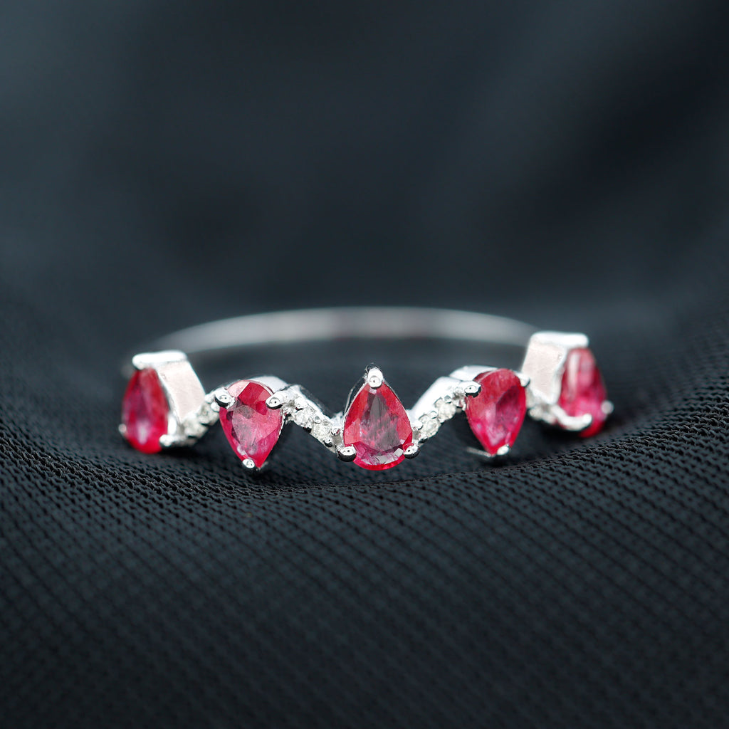 Pear Cut Natural Ruby and Moissanite Half Eternity Ring