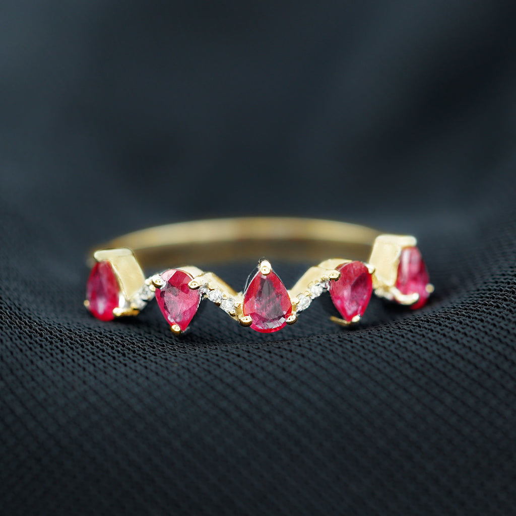 Pear Cut Natural Ruby and Moissanite Half Eternity Ring