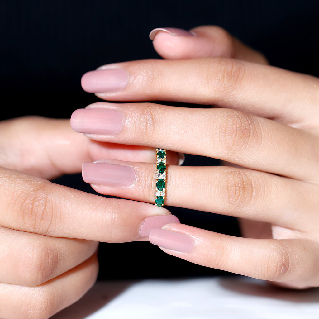 Oval Created Emerald East West Half Eternity Ring with Diamond Lab Created Emerald - ( AAAA ) - Quality - Rosec Jewels