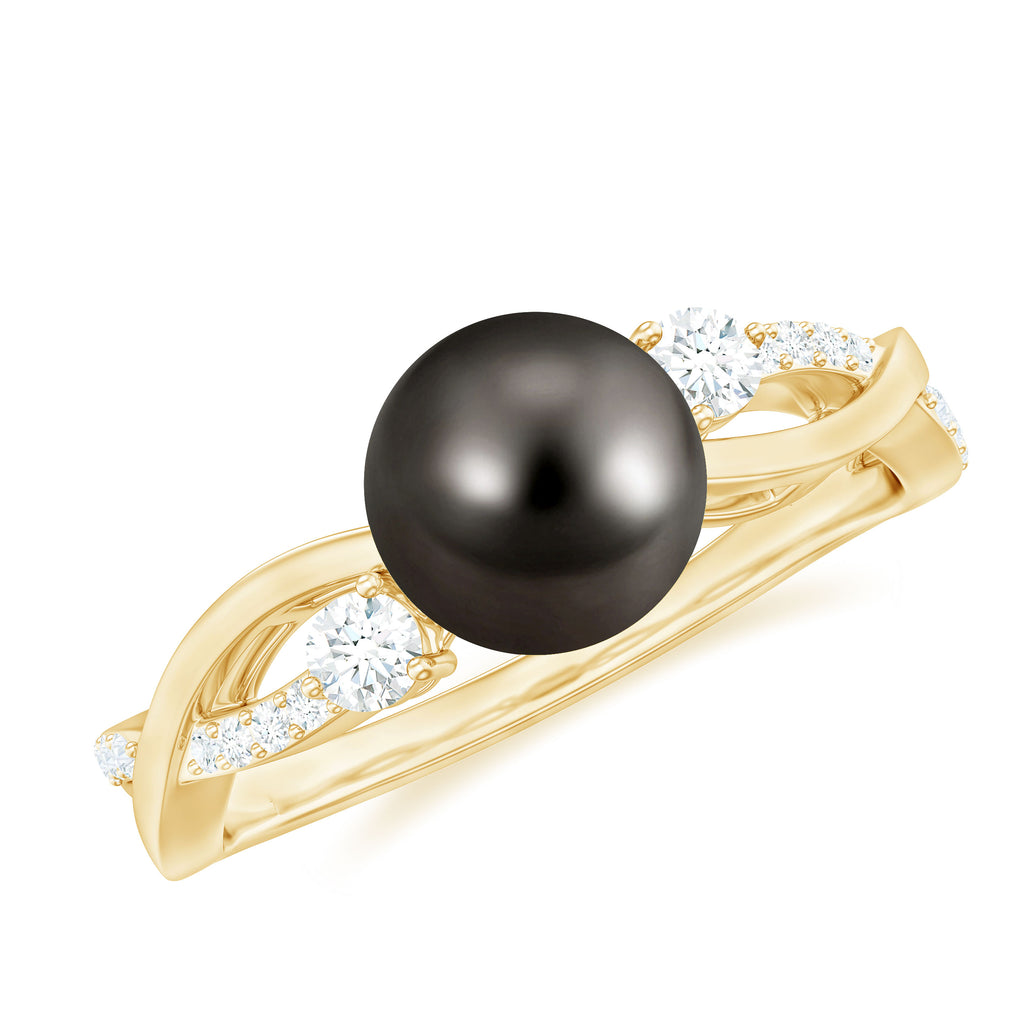 Tahitian Pearl and Diamond Crossover Engagement Ring Tahitian pearl - ( AAA ) - Quality - Rosec Jewels