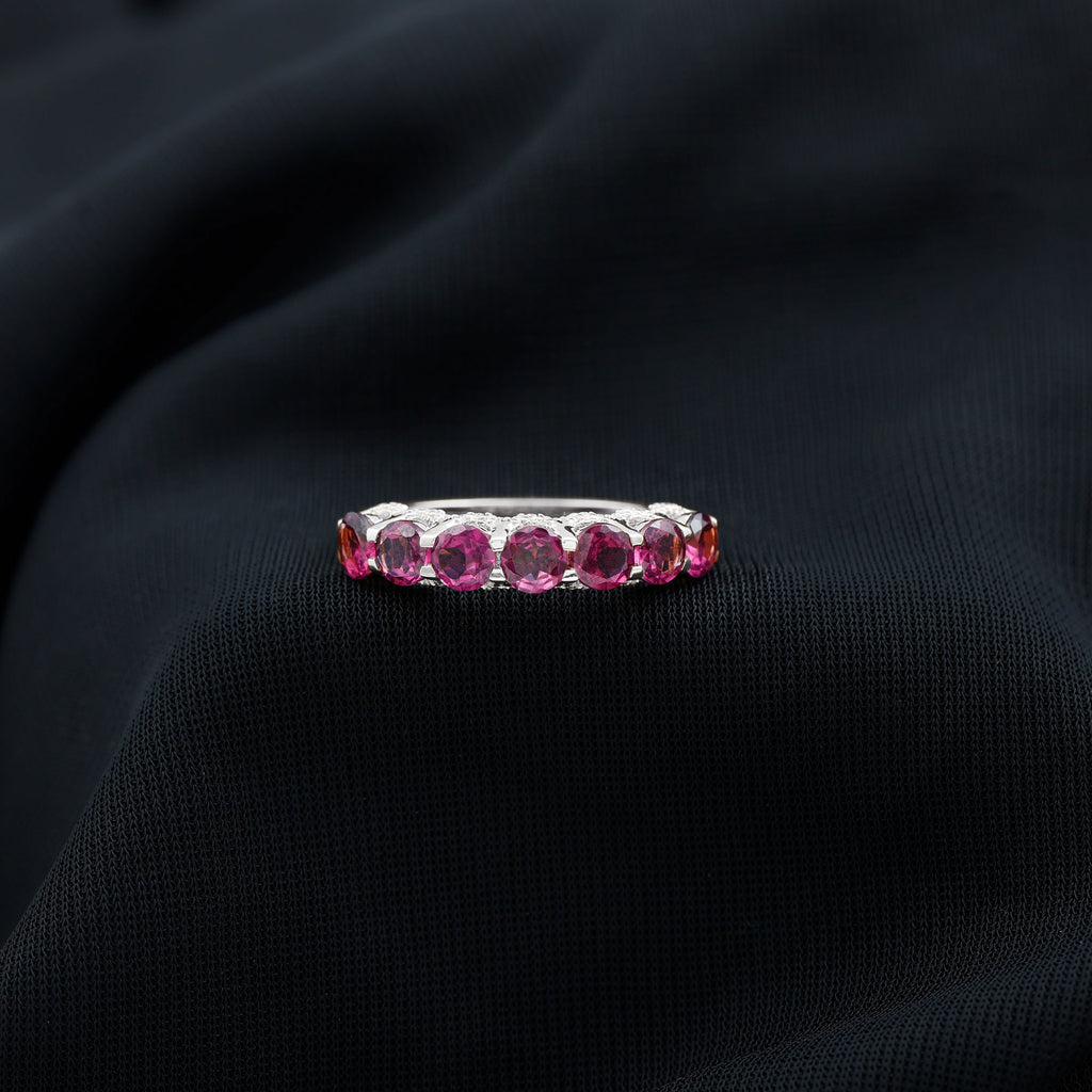 Classic Rhodolite and Moissanite Half Eternity Band Rhodolite - ( AAA ) - Quality - Rosec Jewels