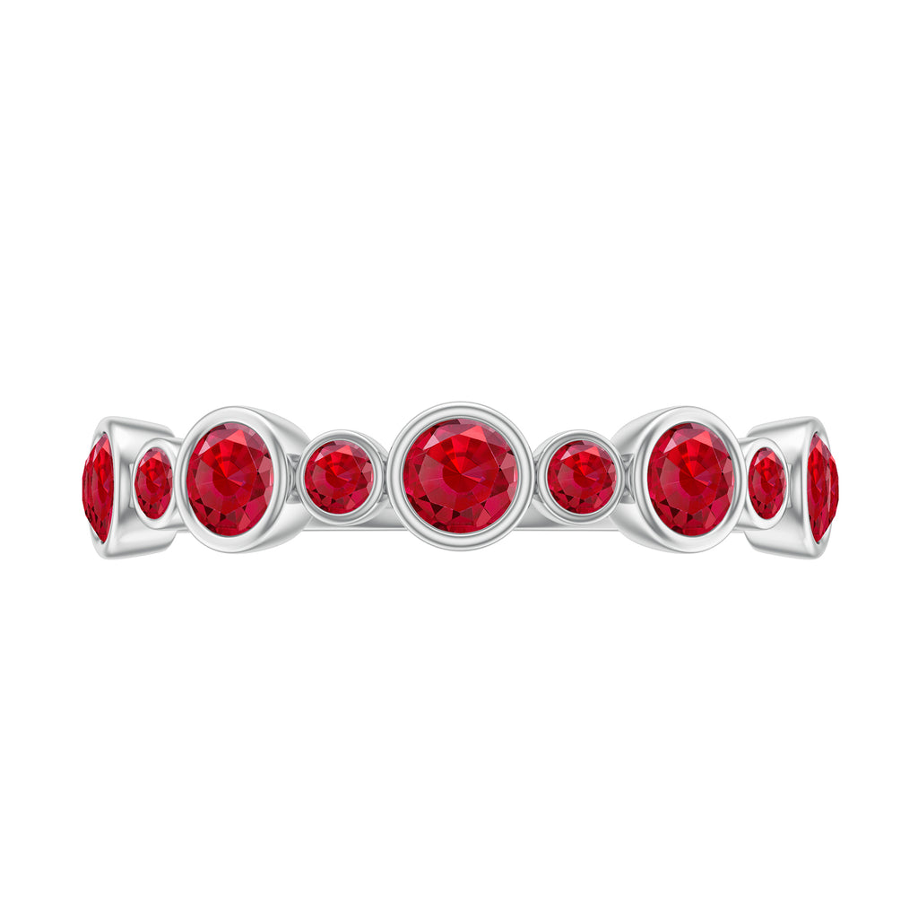 Bezel Set Round Created Ruby Unique Half Eternity Ring Lab Created Ruby - ( AAAA ) - Quality - Rosec Jewels
