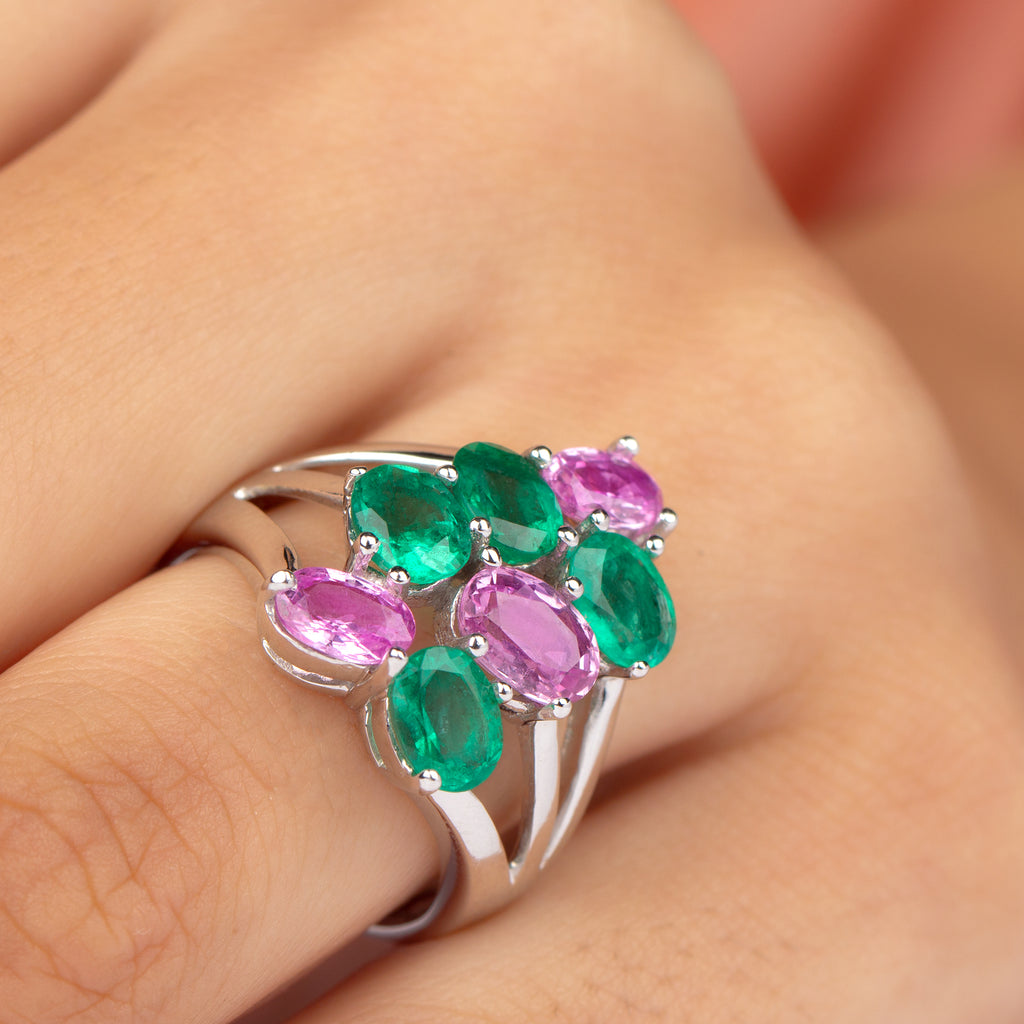 Created Pink Sapphire and Created Emerald Cocktail Engagement Ring - Rosec Jewels