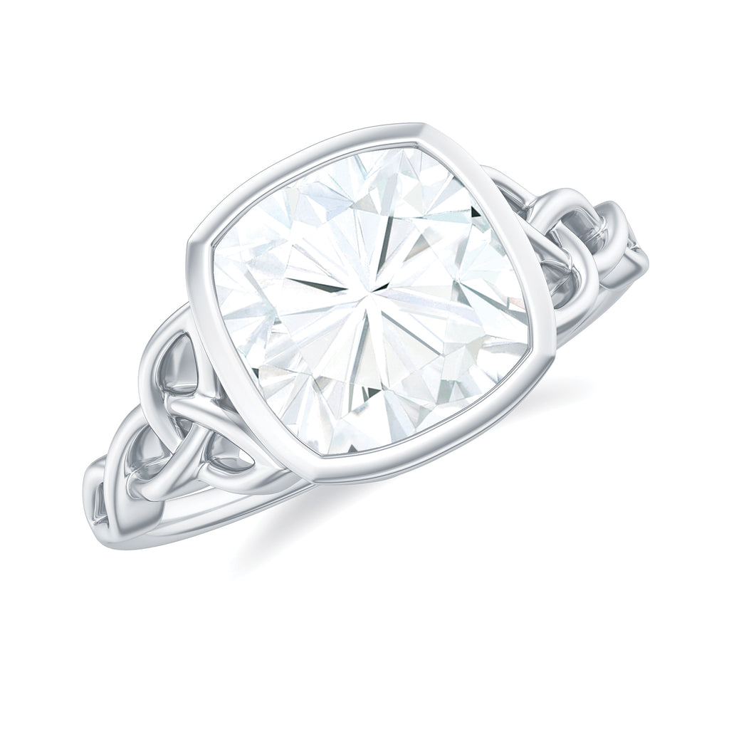 Cushion Cut Moissanite Solitaire Celtic Knot Ring in Bezel Setting Moissanite - ( D-VS1 ) - Color and Clarity - Rosec Jewels