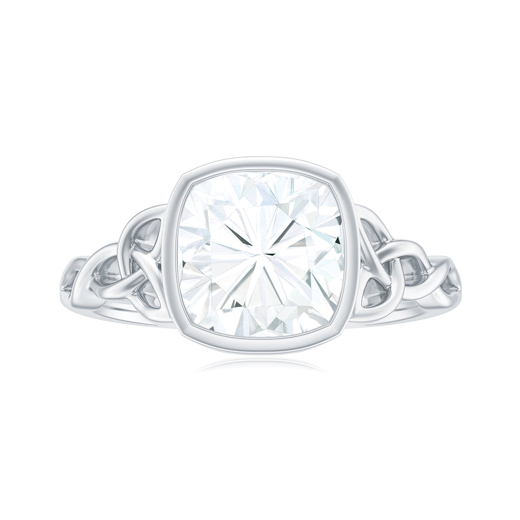 Cushion Cut Moissanite Solitaire Celtic Knot Ring in Bezel Setting Moissanite - ( D-VS1 ) - Color and Clarity - Rosec Jewels