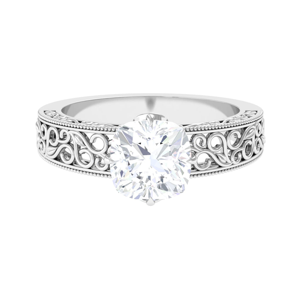 8 MM Cushion Cut Moissanite Solitaire Ring with Filigree Details Moissanite - ( D-VS1 ) - Color and Clarity - Rosec Jewels