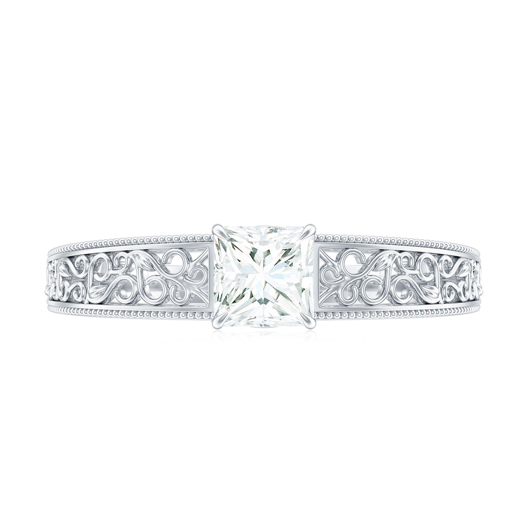 Princess Cut Solitaire Moissanite Filigree Gold Engagement Ring Moissanite - ( D-VS1 ) - Color and Clarity - Rosec Jewels