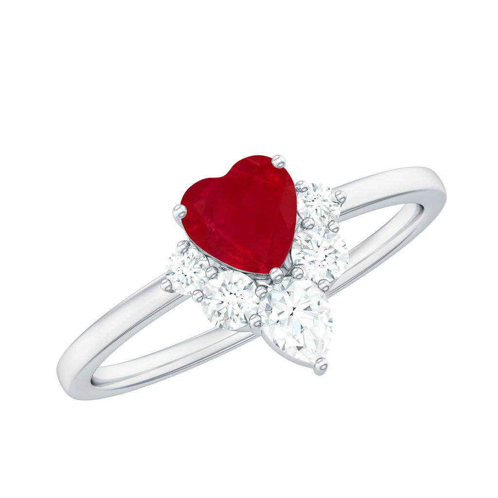Designer Ruby Heart Solitaire Ring with Diamond Side Stones Ruby - ( AAA ) - Quality - Rosec Jewels