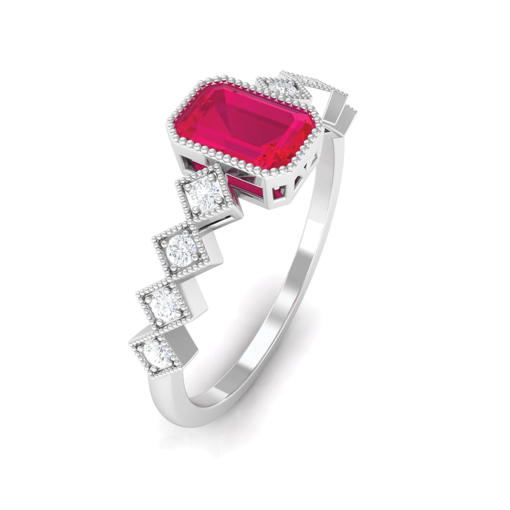 0.75 CT Octagon Cut Solitaire Ruby Engagement Ring with Diamond Side Stones Ruby - ( AAA ) - Quality - Rosec Jewels