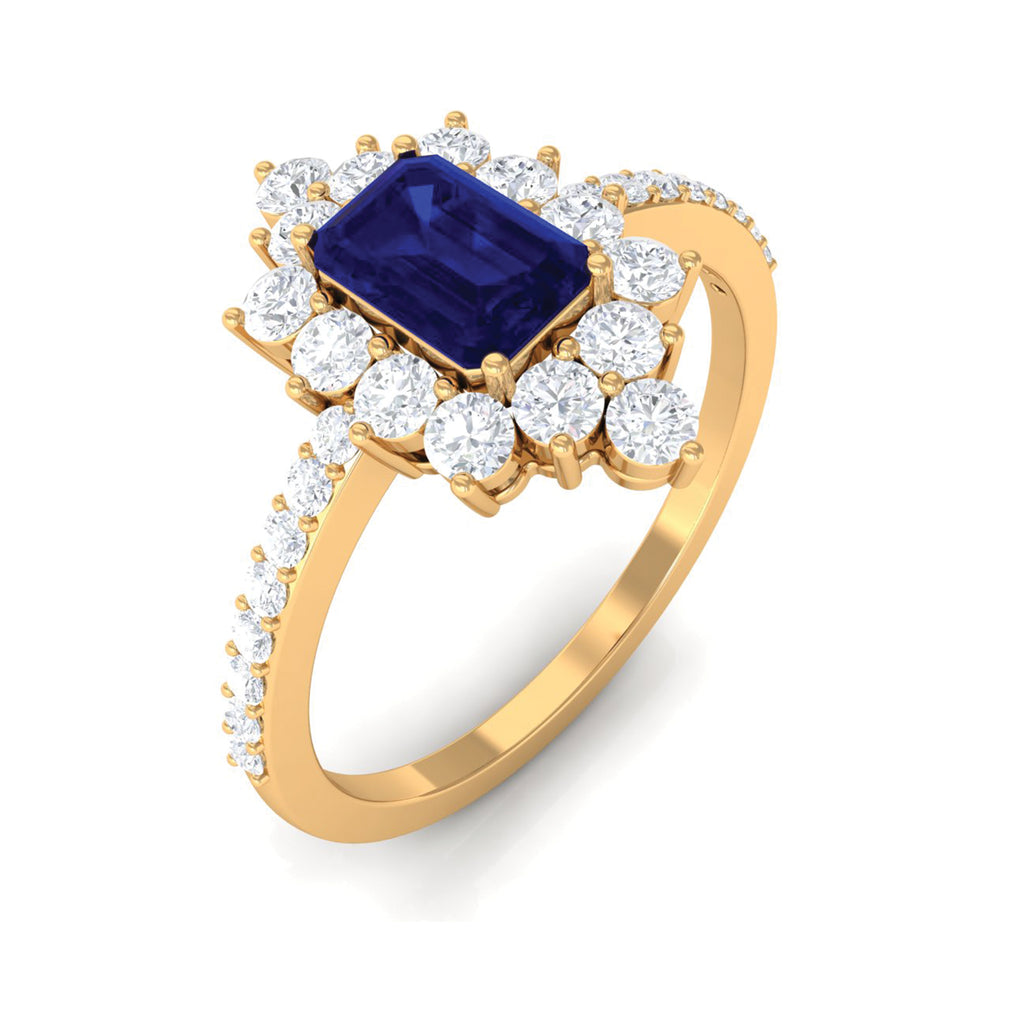 Octagon Blue Sapphire and Diamond Halo Engagement Ring Blue Sapphire - ( AAA ) - Quality - Rosec Jewels