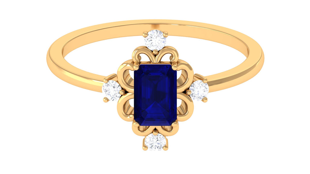 Octagon Cut Blue Sapphire and Moissanite Vintage Ring Blue Sapphire - ( AAA ) - Quality - Rosec Jewels