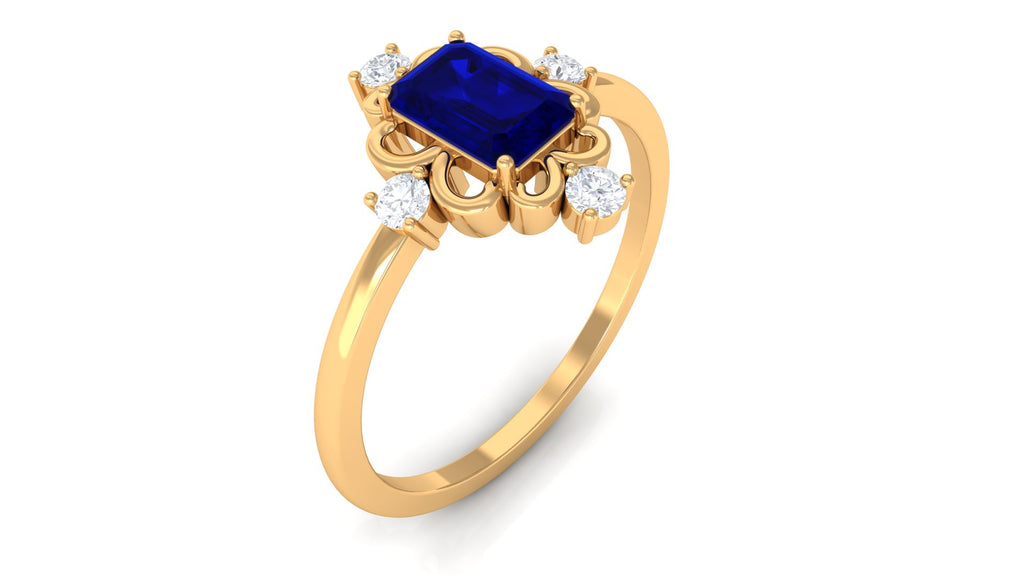 Octagon Cut Blue Sapphire and Moissanite Vintage Ring Blue Sapphire - ( AAA ) - Quality - Rosec Jewels