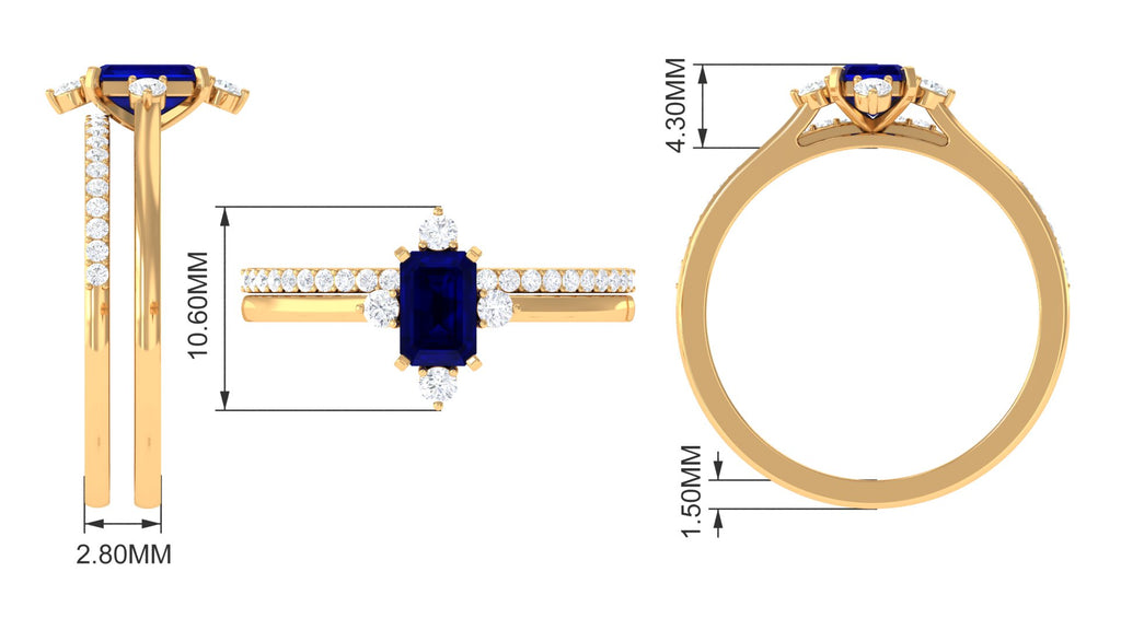 1.25 CT Certified Blue Sapphire Solitaire Ring Set with Diamond Band Blue Sapphire - ( AAA ) - Quality - Rosec Jewels