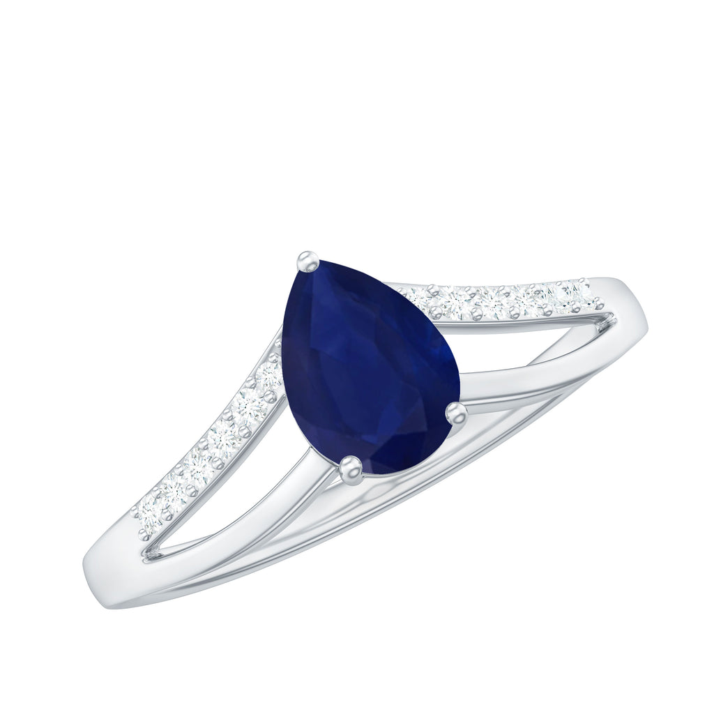 1 CT Pear Cut Solitaire Blue Sapphire Split Shank Ring with Diamond Blue Sapphire - ( AAA ) - Quality - Rosec Jewels