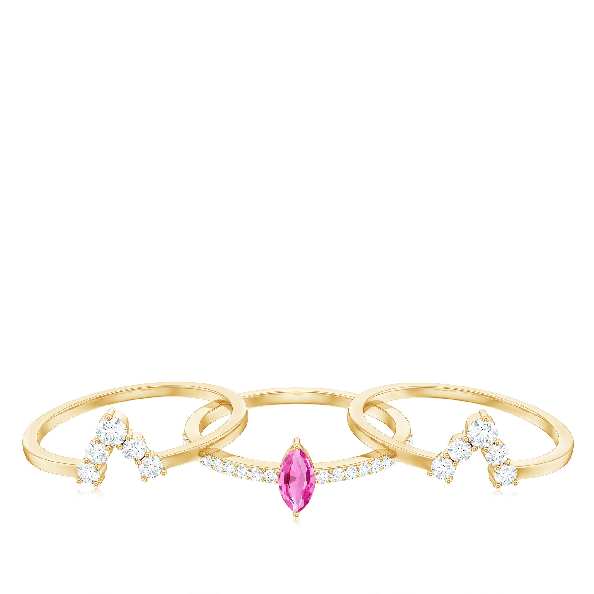 Three Ring Set with Lab-Created Pink Sapphire and Moissanite Lab Created Pink Sapphire - ( AAAA ) - Quality - Rosec Jewels