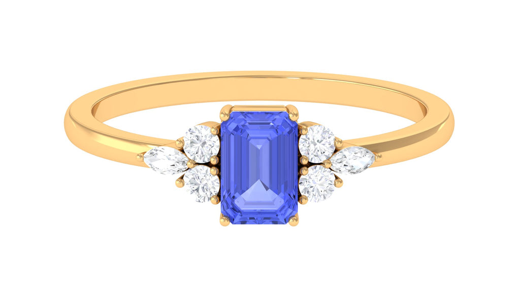 Octagon Cut Solitaire Tanzanite Ring with Diamond Trio Tanzanite - ( AAA ) - Quality - Rosec Jewels